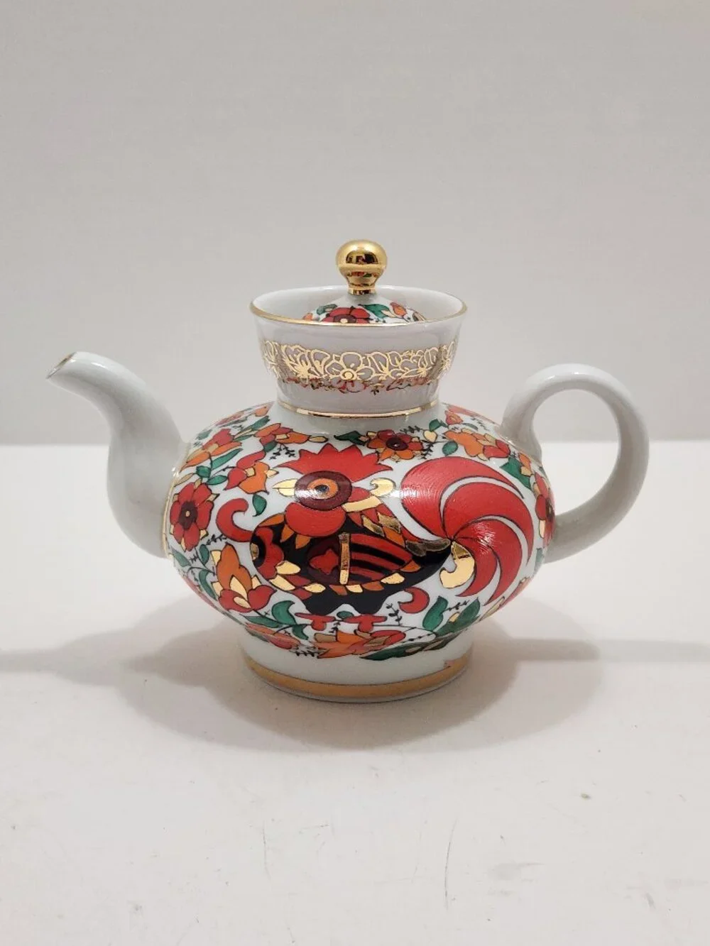Vintage Lomonosov LFZ USSR Porcelain Red Rooster Teapot Malysh Shape Hand Painte